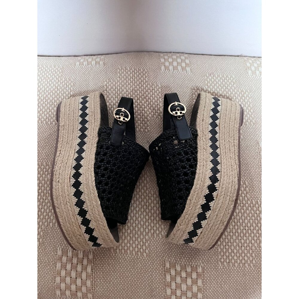 Tory Burch Platform Wedge Sandal 8 M Espadrille Woven Leather Logo Black Dandy - Picture 4 of 7